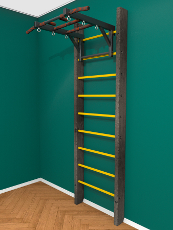 Брашированная шведская стенка "Кастерли" Черный с турником (Желтые ступени)