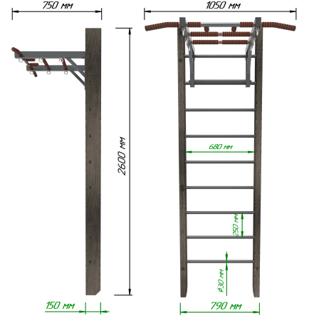 Брашированная шведская стенка "Кастерли" Черный с турником (Черные ступени)