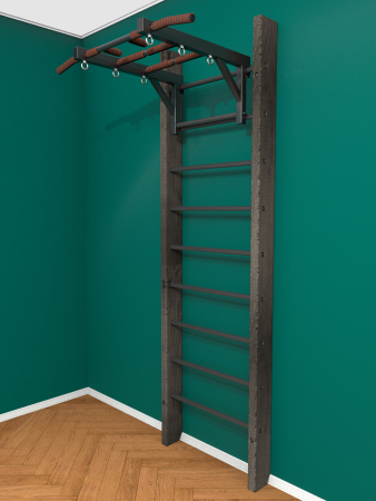 Брашированная шведская стенка "Кастерли" Черный с турником (Черные ступени)