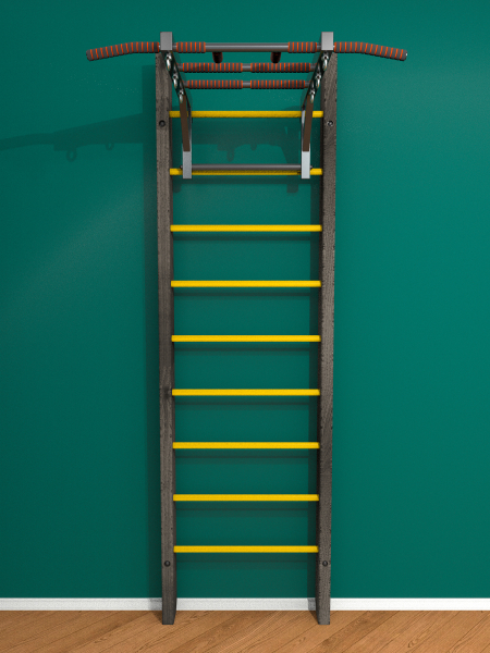 Брашированная шведская стенка "Кастерли" Black с турником (Желтые ступени)